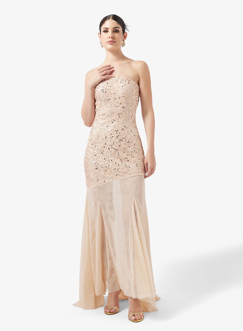 Little Mistress Embellished Mesh Bandeau Detail Maxi Dress - Image 1